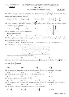 Đề khảo sát chất lượng môn Toán Lớp 12 - Mã đề 101 - Năm học 2020- 2021 - Sở giáo dục và đào tạo Thái Bình